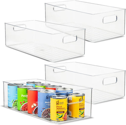 Plastic Food Storage 4 Pack Clear Container Bin with Handles for Organizing Kitchen, Pantry, Refrigerator, Freezer, Pantry, Cabinet, Closet, Bathroom. Stackable 10”x6”x3”