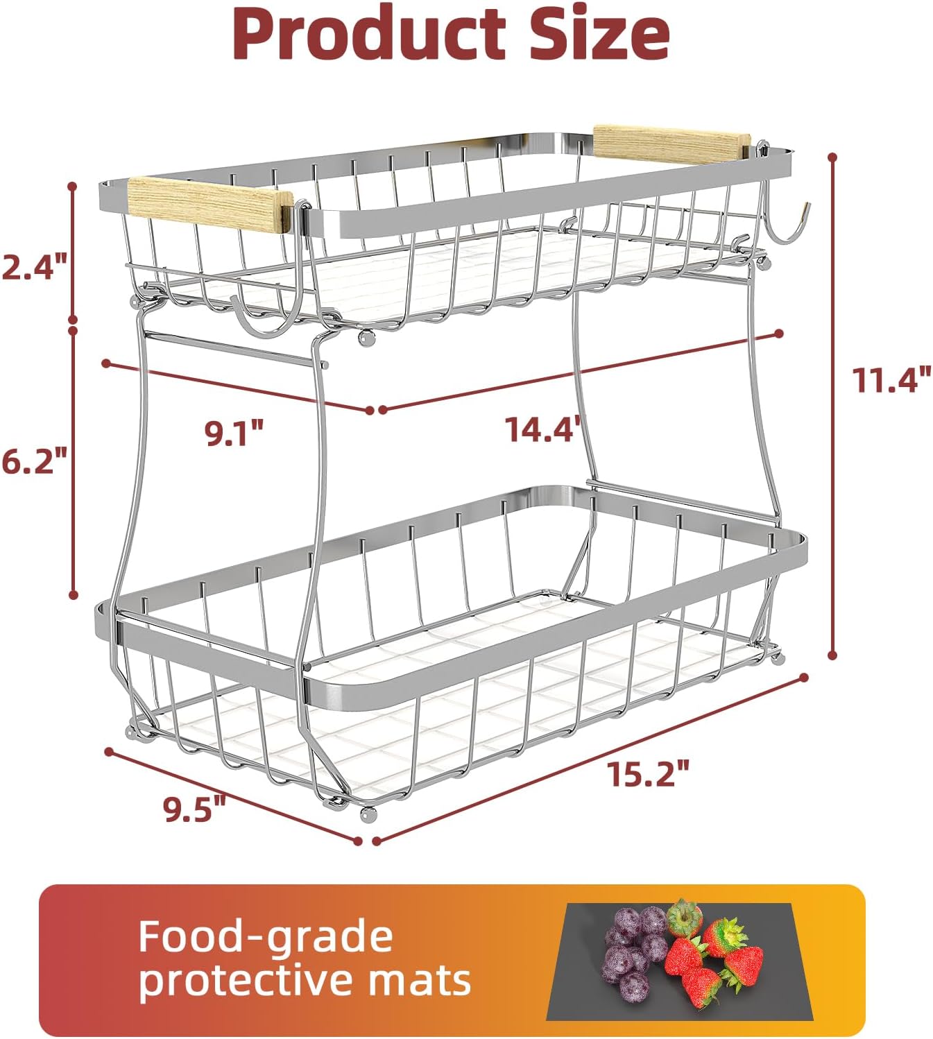 Sevenblue 2 Tier Large Fruit Basket for Kitchen Counter with 2 Mobile Banana Hangers, 2026 Pro Detachable Metal Fruit Bowl with Wooden Handle, Fruit Holder for Bread Snack Veggies with Protective Mats