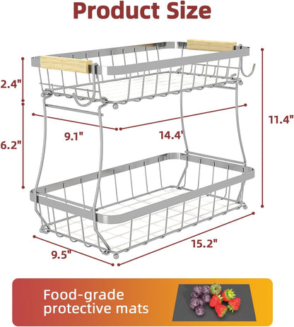 Sevenblue 2 Tier Large Fruit Basket for Kitchen Counter with 2 Mobile Banana Hangers, 2026 Pro Detachable Metal Fruit Bowl with Wooden Handle, Fruit Holder for Bread Snack Veggies with Protective Mats