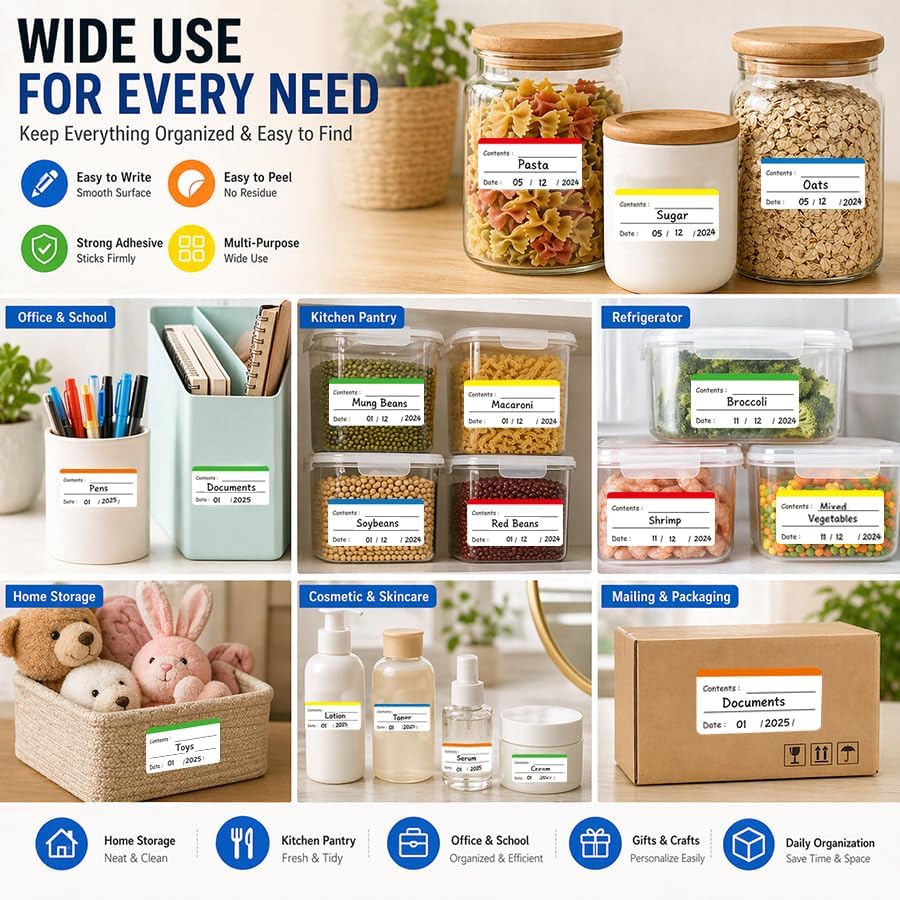 500 pcs Food Labels, 1.18 x 2.36 Inch Freezer Labels, Removable for Food Containers, Mason Jars, Water/Oil/Tear Resistant, No Residue Food Storage Labels, Perfect for Kitchen