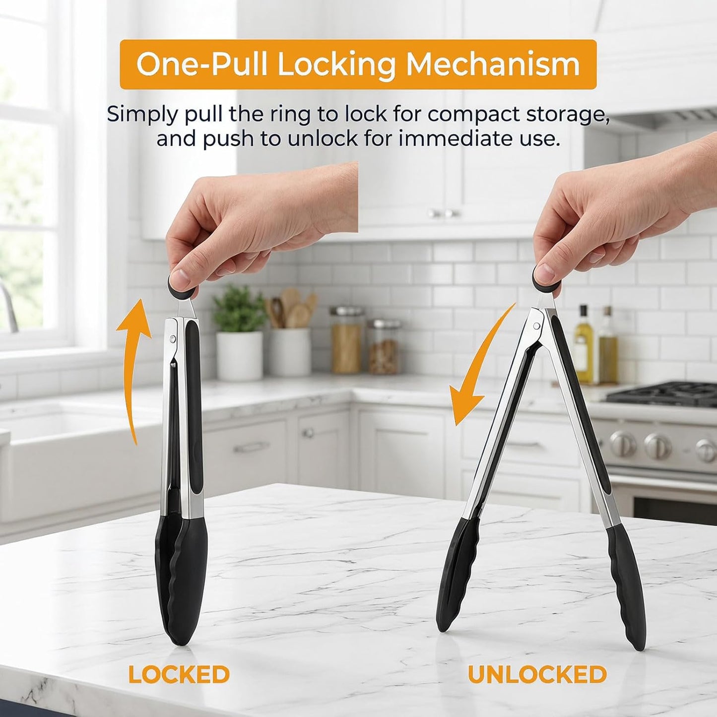 Kitchen Tongs for Cooking, Set of 4 with Oil Brush (7" 9" 12"), Heat Resistant 572°F Stainless Steel, Heavy Duty Metal Locking Tongs with Silicone Tips, Black, BBQ Grilling Dishwasher Safe