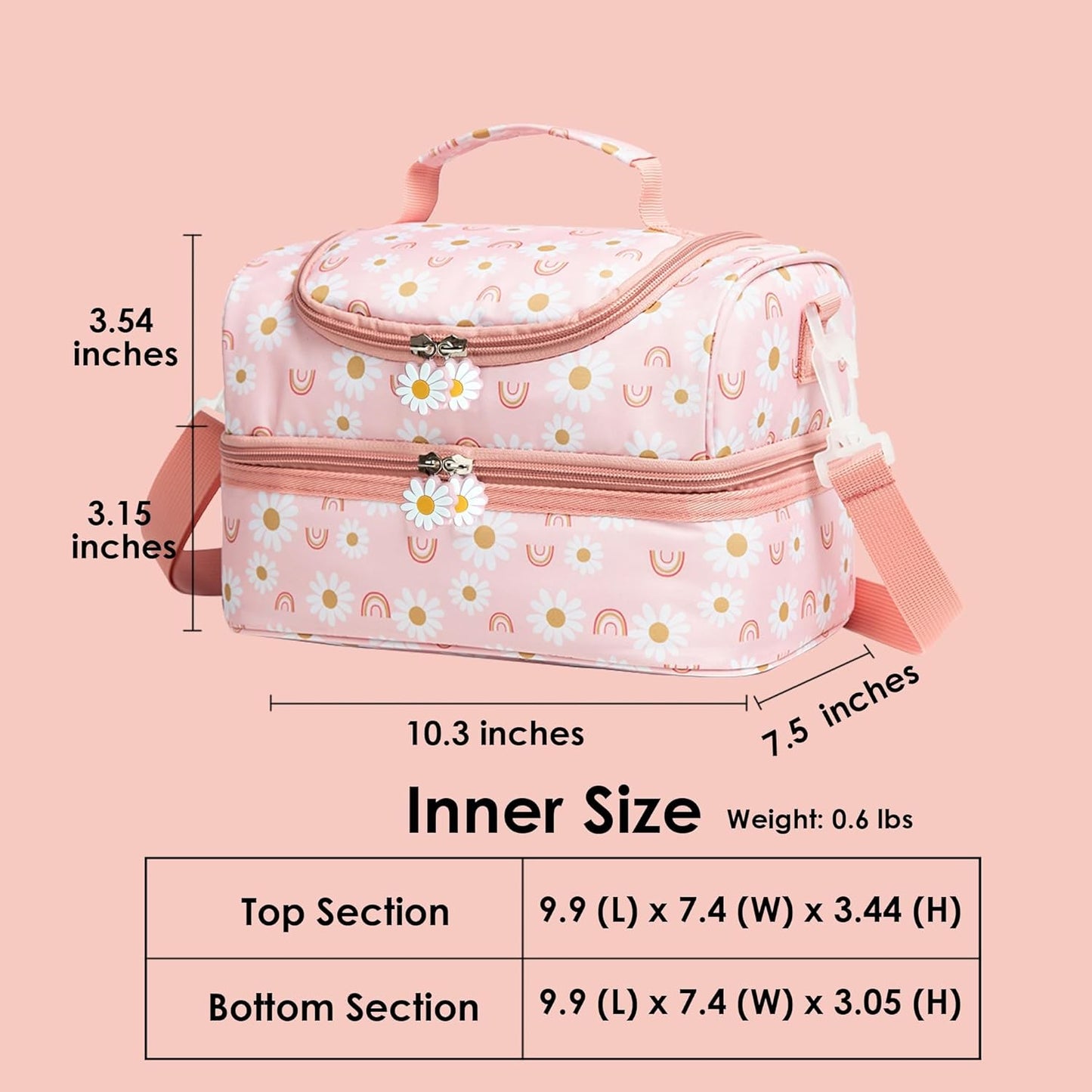 Insulated Kids Dual Compartment Lunch Bags Tote Pack for Girls Boys Toddler Kindergarten School Picnic Cooler Thermal Lunch Boxes with Strap (Green Rainbow)