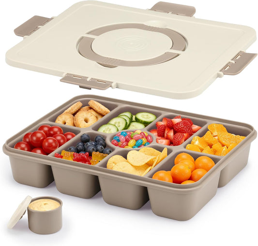 Snackle Box Container, Divided Serving Tray with Lid and Handle, 9 Compartments Snack Box Container for Adults, Portable Charcuterie Serving Platter for Candy Fruit, 9.9 Cups, White Grey