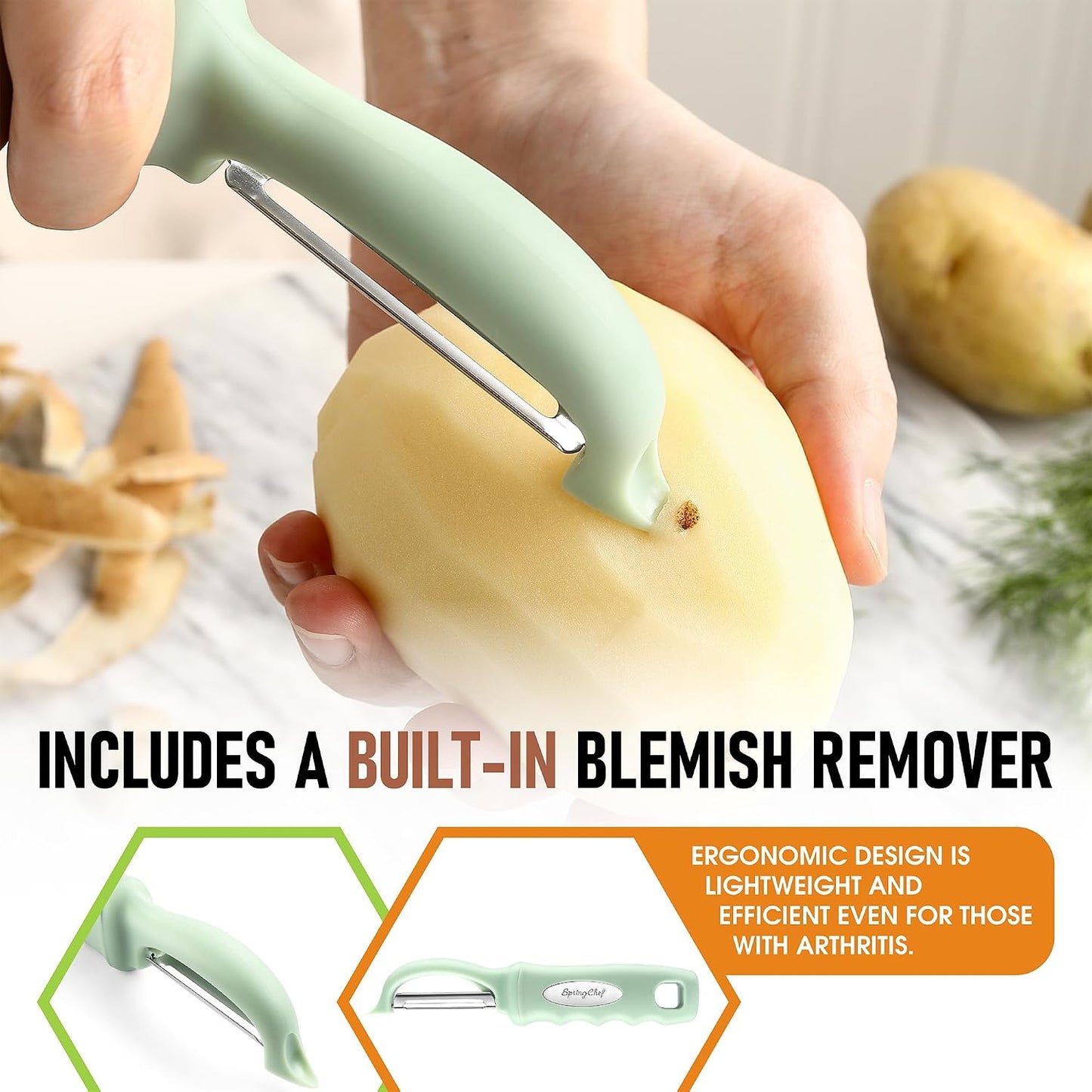 Spring Chef Premium Swivel Vegetable Peeler, Soft Grip Handle and Ultra Sharp Stainless Steel Blades - Perfect Kitchen Peeler For Veggie, Fruit, Potato, Carrot, Apple - Mango