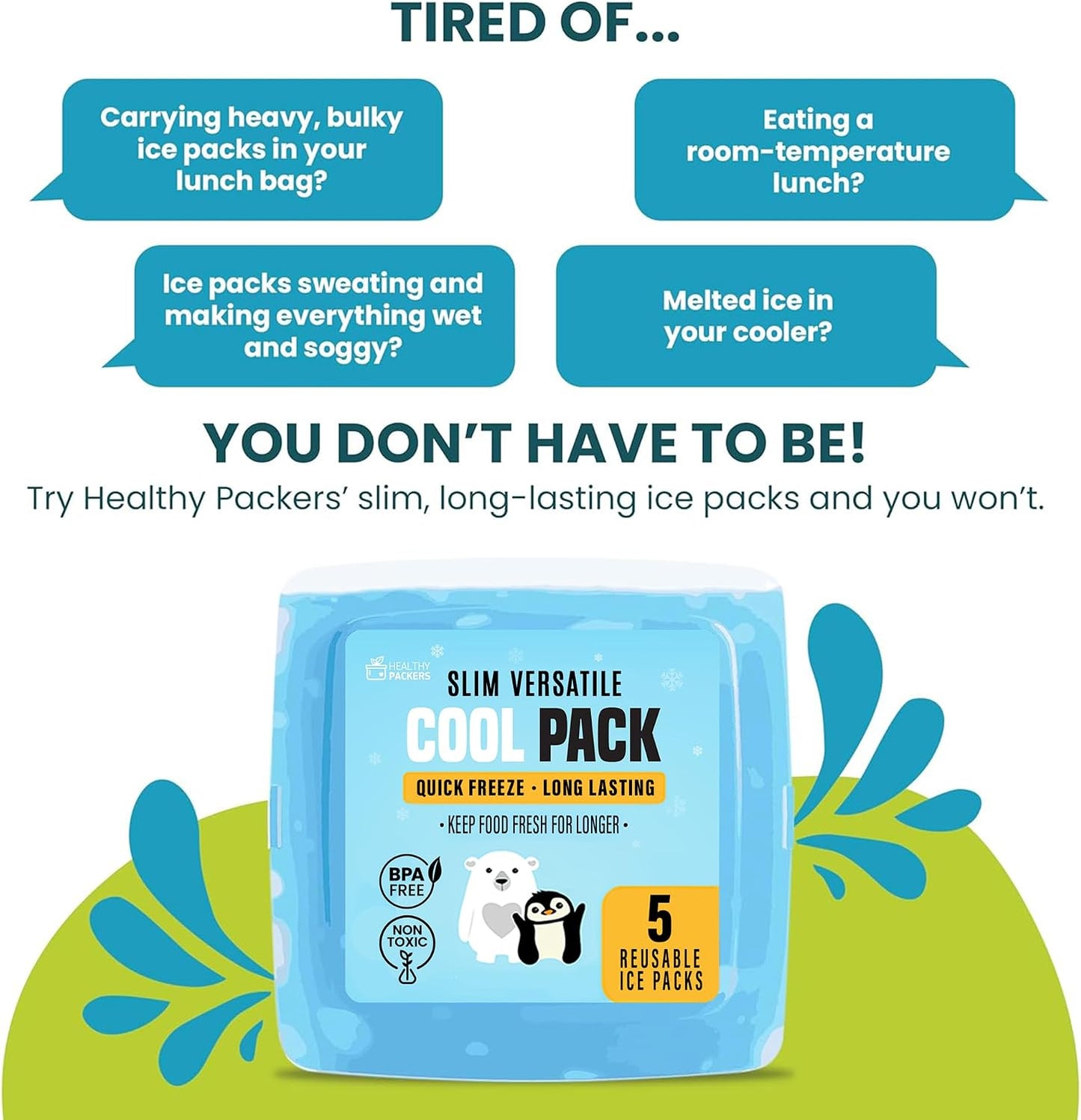 Healthy Packers® Reusable Ice Packs for Lunch Boxes Kids and Adults | Long‑Lasting Thin Freezer Packs for Coolers, Bento Boxes, Lunch Bags, Travel, School Meals, Meal Prep (10-Pack | Square)
