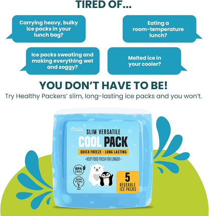 Healthy Packers® Reusable Ice Packs for Lunch Boxes Kids and Adults | Long‑Lasting Thin Freezer Packs for Coolers, Bento Boxes, Lunch Bags, Travel, School Meals, Meal Prep (10-Pack | Square)