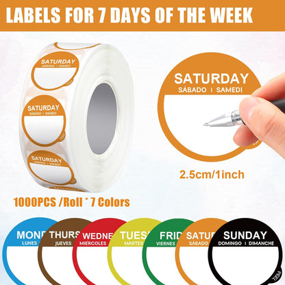 Resurhang 7000 Pcs Day of The Week Labels Food Labels with Adjustable Label Dispenser Monday Through Sunday Management Inventory Stickers Removable Weekly Self Adhesive Date Dot Stickers (Square)