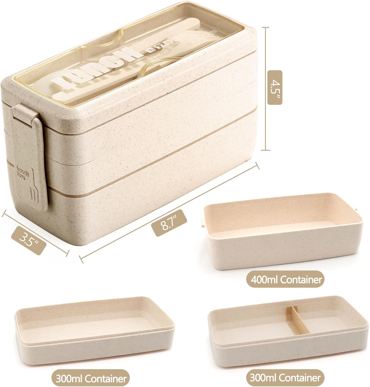 Bento Box Japanese Lunch Box Kit Leakproof Bento Lunch Box for Kids Adults Wheat Straw 3 Layer Stackable Lunch Containers with Compartment Eco-Friendly Meal Prep Containers (Beige)