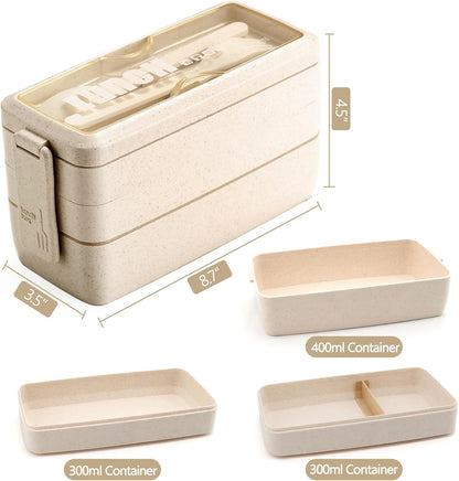 Bento Box Japanese Lunch Box Kit Leakproof Bento Lunch Box for Kids Adults Wheat Straw 3 Layer Stackable Lunch Containers with Compartment Eco-Friendly Meal Prep Containers (Beige)