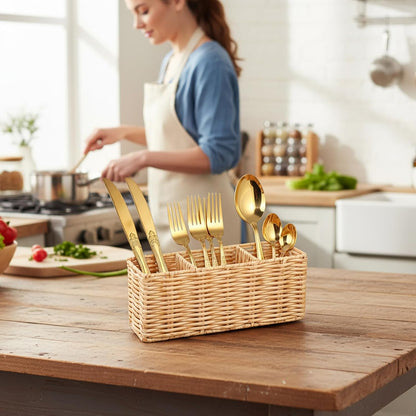 Wicker Flatware Silverware Caddy, Plastic Woven Kitchen Cutlery Organizer Storage Holder Party Condiment Utensil Carrier Basket for Countertop Table Picnic Holds Spoon Knives Fork Napkins