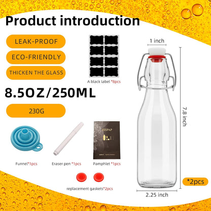 2 Pack Swing Top Glass Bottles 8.5 oz,Flip Top Beer Brewing Bottles for Kombucha, Homemade, Kefir, Water, Beverages, Soda, Oil, Vinegar, Fermentation,Limoncello