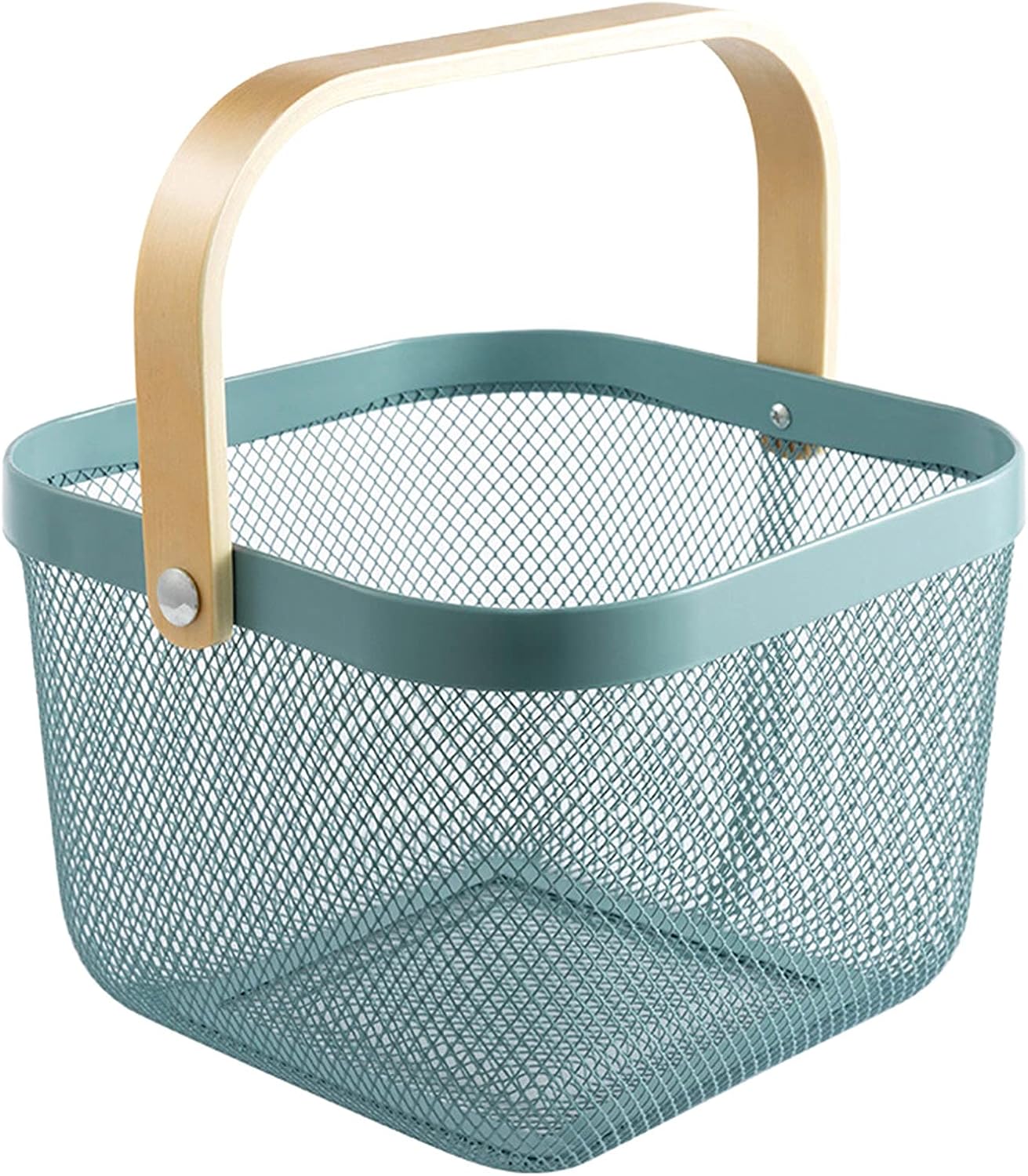 AJIODA Metal Mesh Steel Basket, Storage Organizer Basket Multi-functional Hanging Kitchen Baskets Fruit Basket Bin with Bamboo Handle for Kitchen Bathroom Picnic Shopping Decor Cabinet Home, Blue