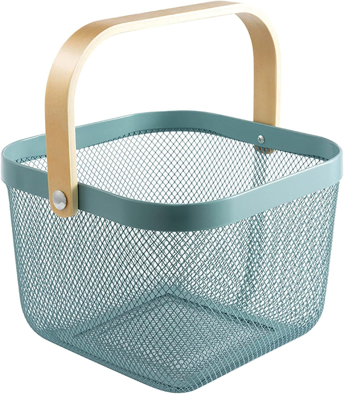 AJIODA Metal Mesh Steel Basket, Storage Organizer Basket Multi-functional Hanging Kitchen Baskets Fruit Basket Bin with Bamboo Handle for Kitchen Bathroom Picnic Shopping Decor Cabinet Home, Blue