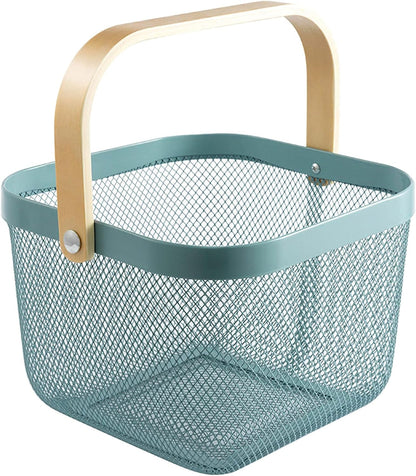 AJIODA Metal Mesh Steel Basket, Storage Organizer Basket Multi-functional Hanging Kitchen Baskets Fruit Basket Bin with Bamboo Handle for Kitchen Bathroom Picnic Shopping Decor Cabinet Home, Blue