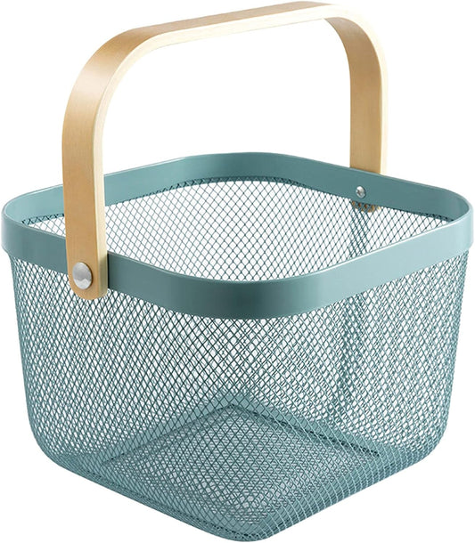 AJIODA Metal Mesh Steel Basket, Storage Organizer Basket Multi-functional Hanging Kitchen Baskets Fruit Basket Bin with Bamboo Handle for Kitchen Bathroom Picnic Shopping Decor Cabinet Home, Blue