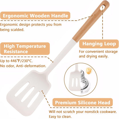 Kitchen Cooking Utensils Set, 6Pcs Silicone Kitchen Utensils Set Spatula Spoon Soup Ladle Turner, Heat Resistant Wooden Handle Silicone Cooking Gadgets for Nonstick Cookware & Baking BPA FREE