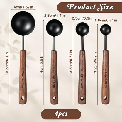 4 Pcs Wooden Handle Measuring Spoons, Black Stainless Steel Measuring Scoops Tablespoon Measure Cups for Kitchen Baking and Cooking (15ml, 5ml, 2.5ml, 1.25ml)