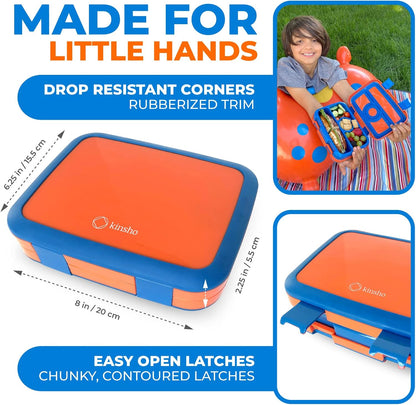 Kids Lunch Box - Bento Box for Boys Toddler Daycare, 4 Portion Sections with Lid, Snack Container Pre-School Kid Lunches Toddlers Removable Tray BPA Free, 3+ Years Old, Blue Rocket Dinosaur