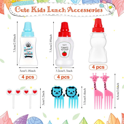 130 Pcs Bento Box Accessories for Kid Including 8 Pcs Plastic Portable Mini Ketchup Bottles 2 Pcs Bear Shaped Condiment Squeeze Bottle 120 Pcs Animal Food Picks for Salad Dressing Soy Sauce