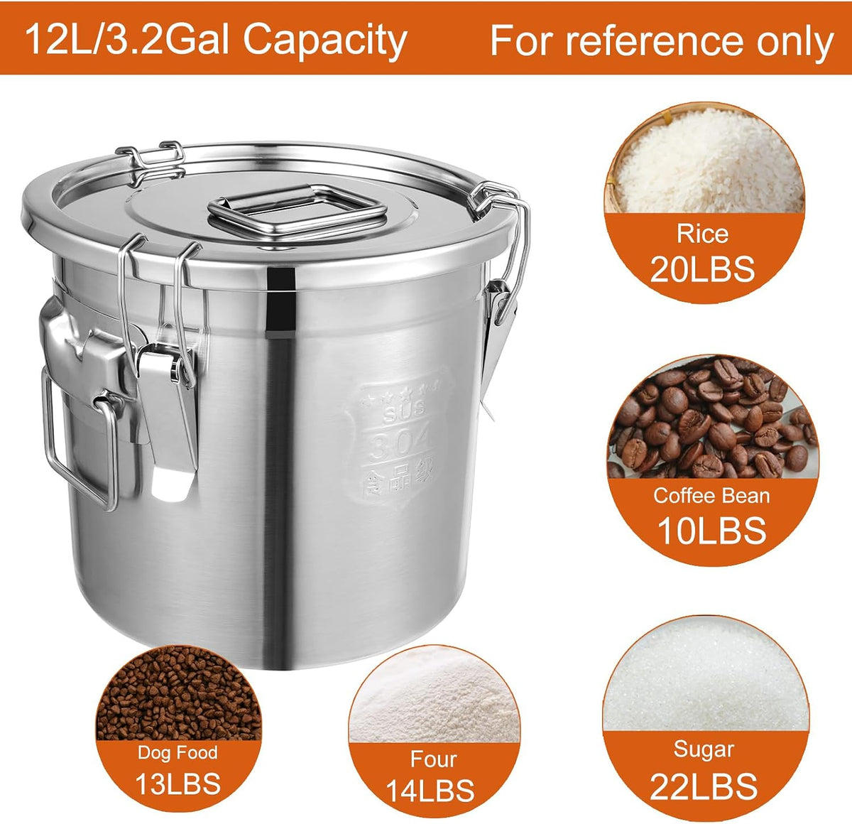DYNAMI 12.7Gal 304 Stainless Steel Rice Storage Container,Extra Large Food Grade Canister,40-90Lbs Sealed Rice Bucket with Airtight Lid and Locking Buckle,for Rice, Flour, Grain (48L)