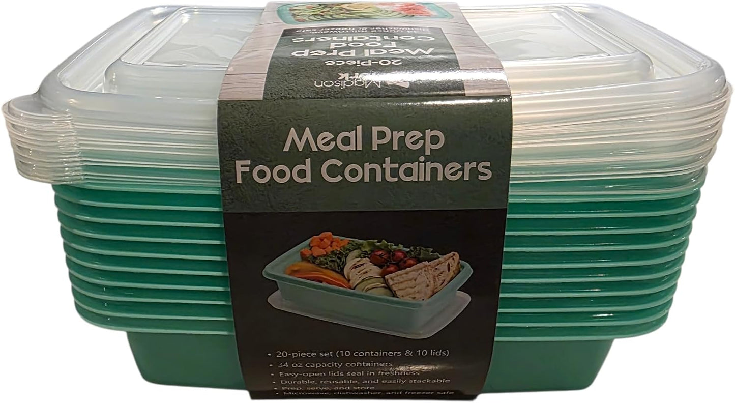MADISON YORK Reusable 34 oz Meal Prep Containers, 20 Piece, Microwave Safe, Dishwasher Safe, Freezer Safe, Stackable