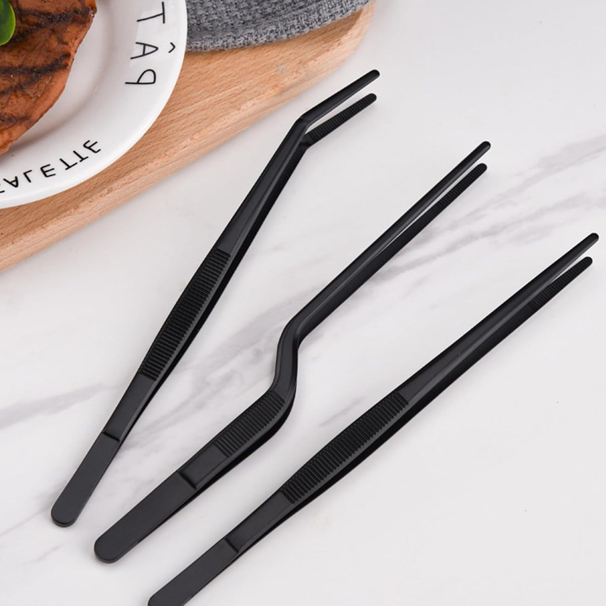 Professional Stainless Steel Food Tongs Stainless Steel Kitchen Tweezers Tongs Set 11.8 Inch Professional Chef Cooking Tools for BBQ Plating Baking (3, Black)