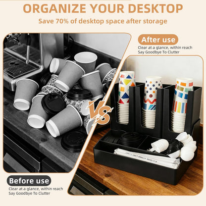 Commercial Cup and Lid Holder with Straw Organizer,Disposable Coffee Cup Condiment Dispenser for Countertop Org, Coffee Bar, Beverage Cup, Kitchen, Breakroom (11 Compartment Upright)
