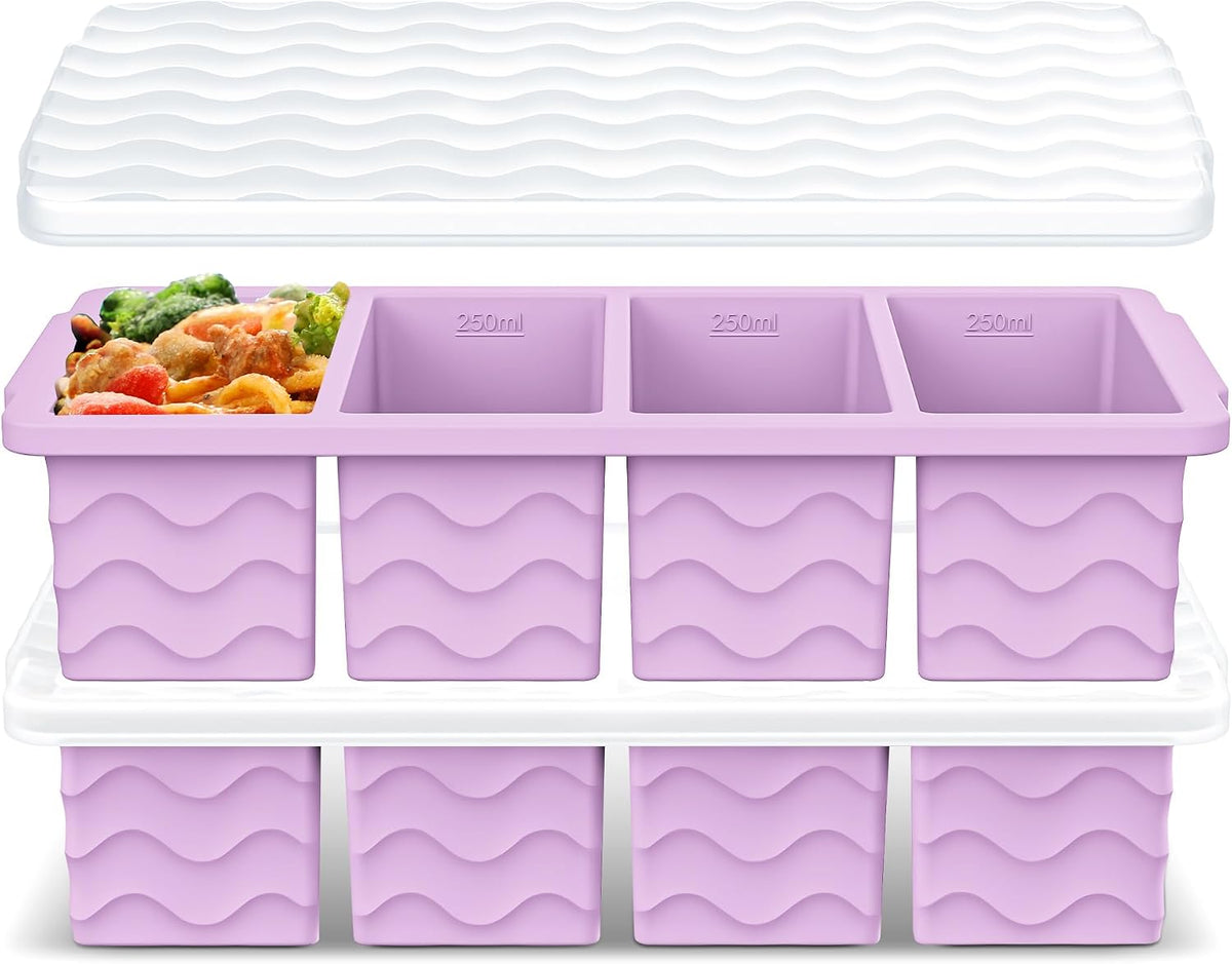 Doasuwish Silicone Freezer Molds for Soup with Lid – 1-Cup Soup Container Style Ice Cube Trays for Freezer, Meal Prep & Food Storage, Freeze 250mL/125mL Portions – 2 Pack