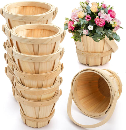 10 Pack Small Wooden Gift Basket, 4 x 4.7 Inch Round Woven Fruit Baskets Bulk, Mini Picnic Baskets with Handle for Easter Garden Picking Berry Vegetable Flower DIY Craft Wedding Party Home