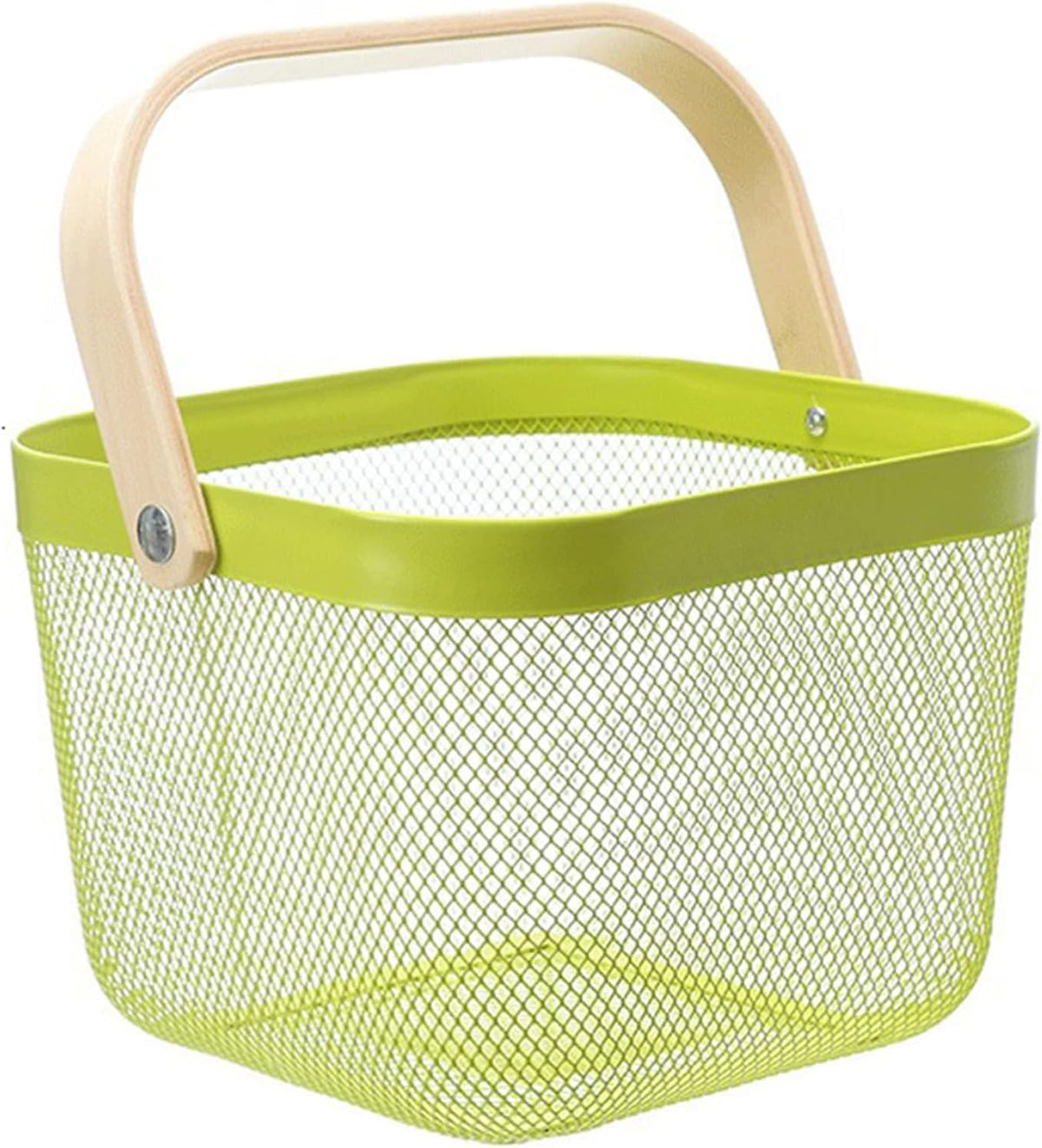 AJIODA Metal Mesh Steel Basket, Storage Organizer Basket Multi-functional Hanging Kitchen Baskets Fruit Basket Bin with Bamboo Handle for Kitchen Bathroom Picnic Shopping Decor Cabinet Home, Blue