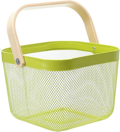 AJIODA Metal Mesh Steel Basket, Storage Organizer Basket Multi-functional Hanging Kitchen Baskets Fruit Basket Bin with Bamboo Handle for Kitchen Bathroom Picnic Shopping Decor Cabinet Home, Blue