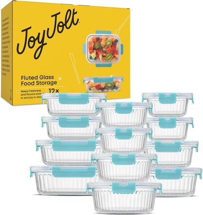 JoyJolt 24pc Borosilicate Glass Storage Containers with Lids | 12 Airtight/Freezer Safe Food Storage Containers for Pantry and Kitchen | Meal Prep Container for Lunch | Glass Tupperware Set