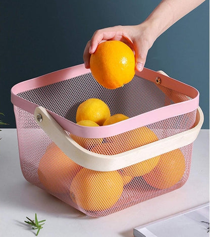 AJIODA Metal Mesh Steel Basket, Storage Organizer Basket Multi-functional Hanging Kitchen Baskets Fruit Basket Bin with Bamboo Handle for Kitchen Bathroom Picnic Shopping Decor Cabinet Home, Blue