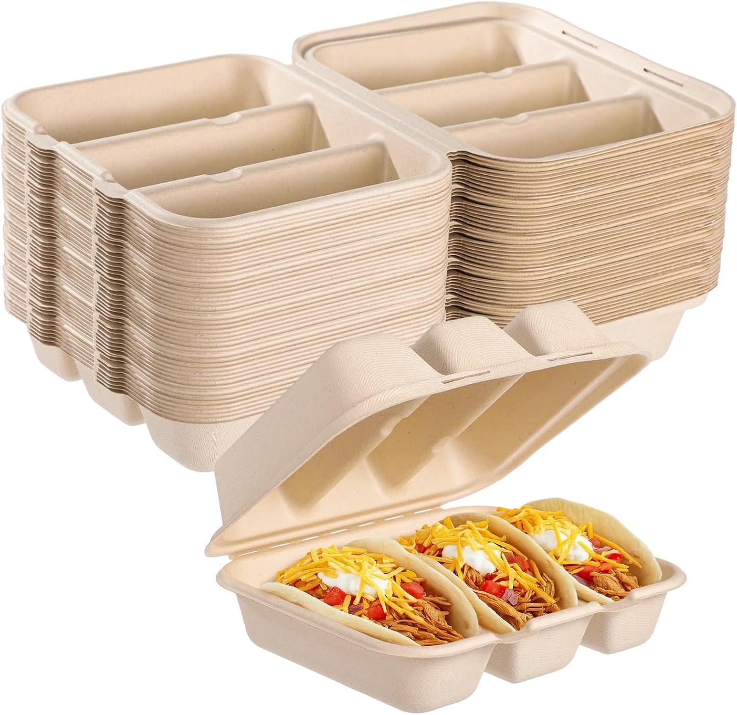 100 PCS Taco Plates Disposable with Lid 8.4 * 7.1 * 3in, 3-Slot Taco Holder, Bagasse Pulp Takeout Food Holders for Tacos, Hot Dogs, Sandwiches, Outdoor Lunch and Party Serving (100Pcs)