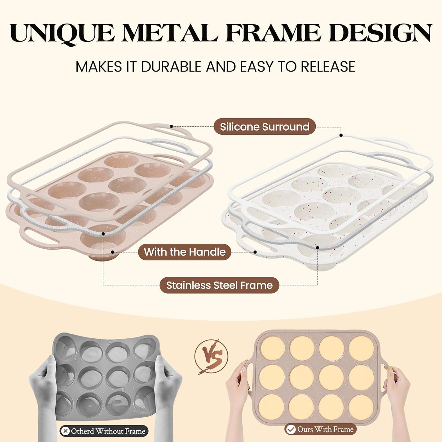 Vinino 2Pack Silicone Muffin Pans for Baking with Metal Reinforced Frame, 12 Cups Regular Size Nonstick Silicone Cupcake Pan, BPA Free Oven Dishwasher Safe Baking Mold for Muffins Cupcakes