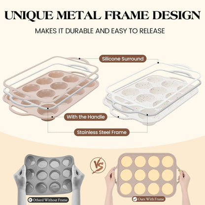Vinino 2Pack Silicone Muffin Pans for Baking with Metal Reinforced Frame, 12 Cups Regular Size Nonstick Silicone Cupcake Pan, BPA Free Oven Dishwasher Safe Baking Mold for Muffins Cupcakes