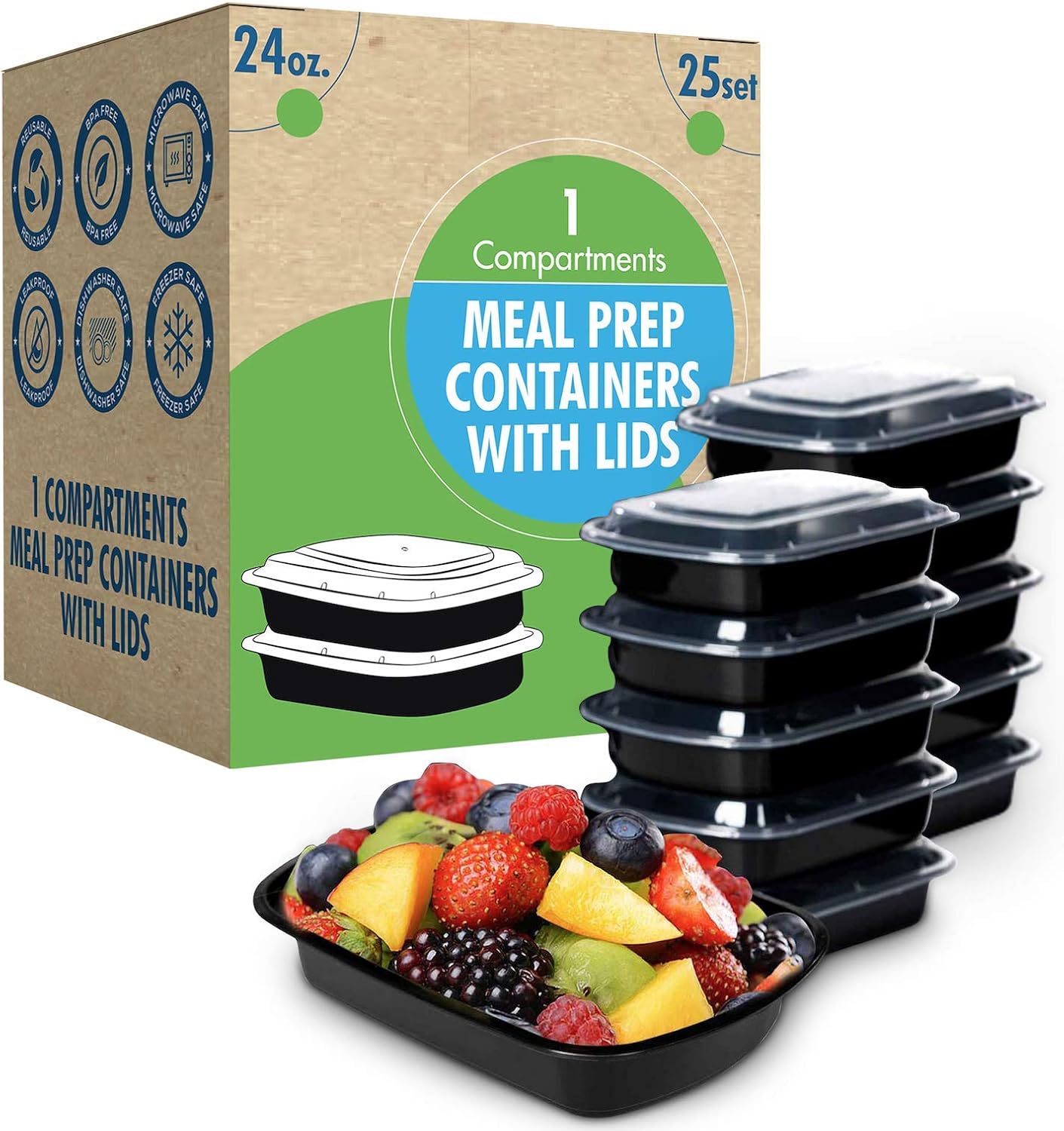 SafeWare Meal Prep Container Reusable 2 Compartment With Lids 28oz (25 Sets)- Food Prep Containers, Food Storage Bento Box | Stackable | Microwave | Dishwasher | Freezer Safe.