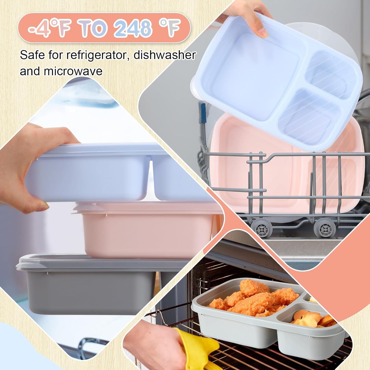 Honeydak 5 Pack Snack Containers 3 Compartment Bento Snack Boxes Divided Meal Prep Containers with Lids Reusable Adults Lunch Food Storage Box for School Work Travel(Elderberry)