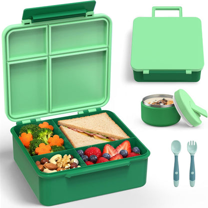 LOHASOK Bento Lunch Box Kids with 8oz Soup Thermo, Leak-Proof Lunch Containers with 4 Compartment, Thermo Hot Food Jar and Insulated Lunch Box for School Blue