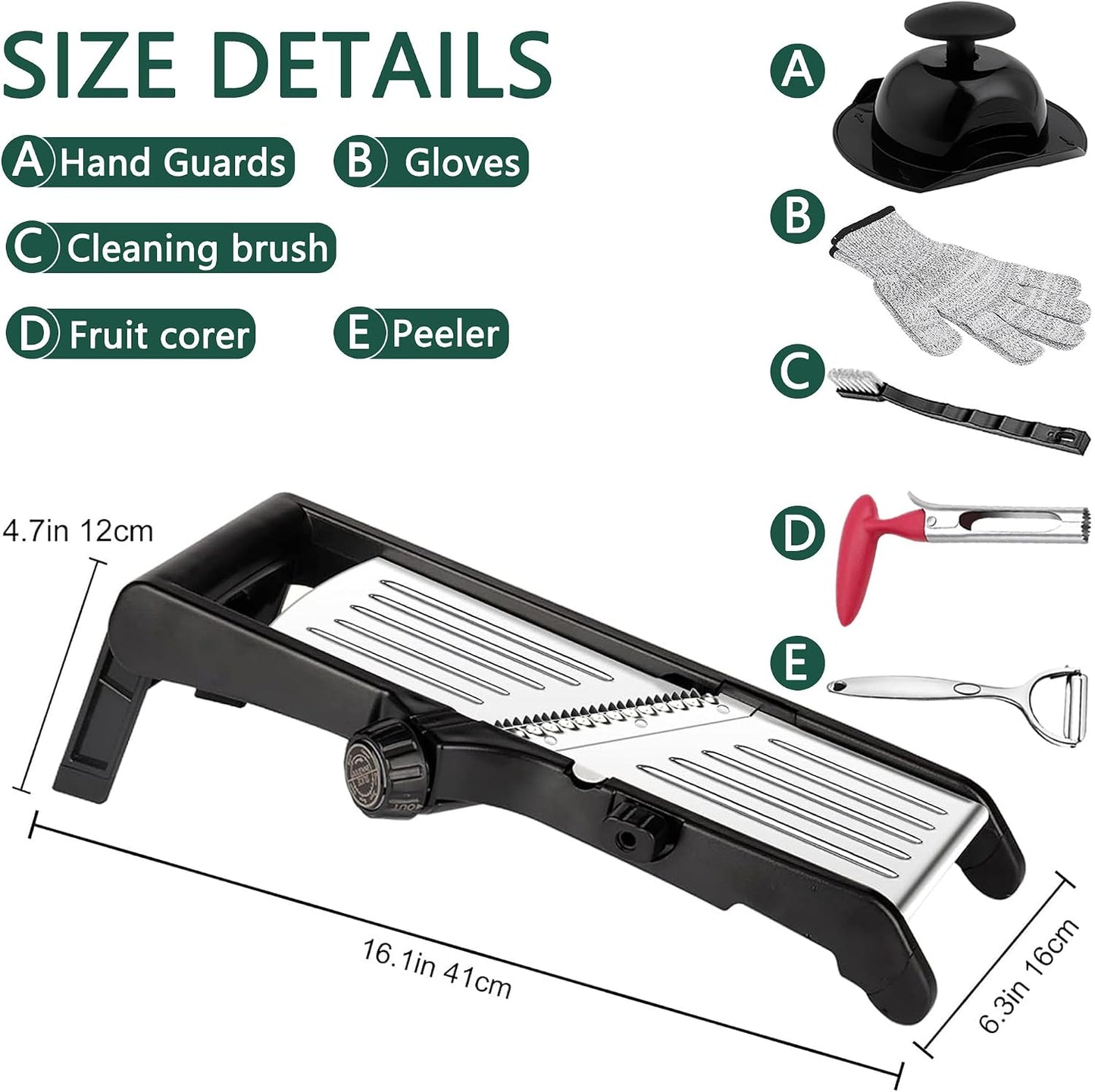 Mandoline Food Slicer for Kitchen, Adjustable Stainless Steel Mandoline Vegetable Slicer, Onion/Potato Slicer/French Fry Cutter, 6-Piece Fruit & Vegetable Cutting Set (Black/Silver)