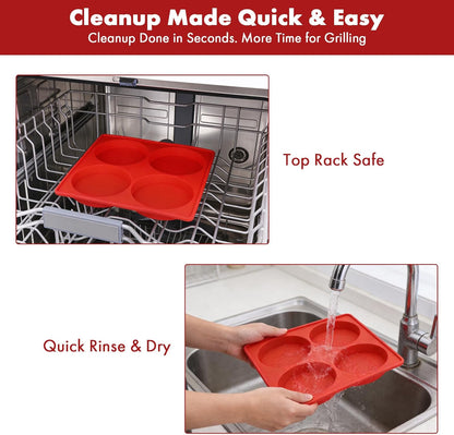 Silicone Burger Patty Maker & Freezer Tray, Grilling Cookware 4-Cavity Mold with Airtight Lid, Make 4 Perfect 4.7-Inch Patties at Once for Easy BBQ Prep & Freezer Storage