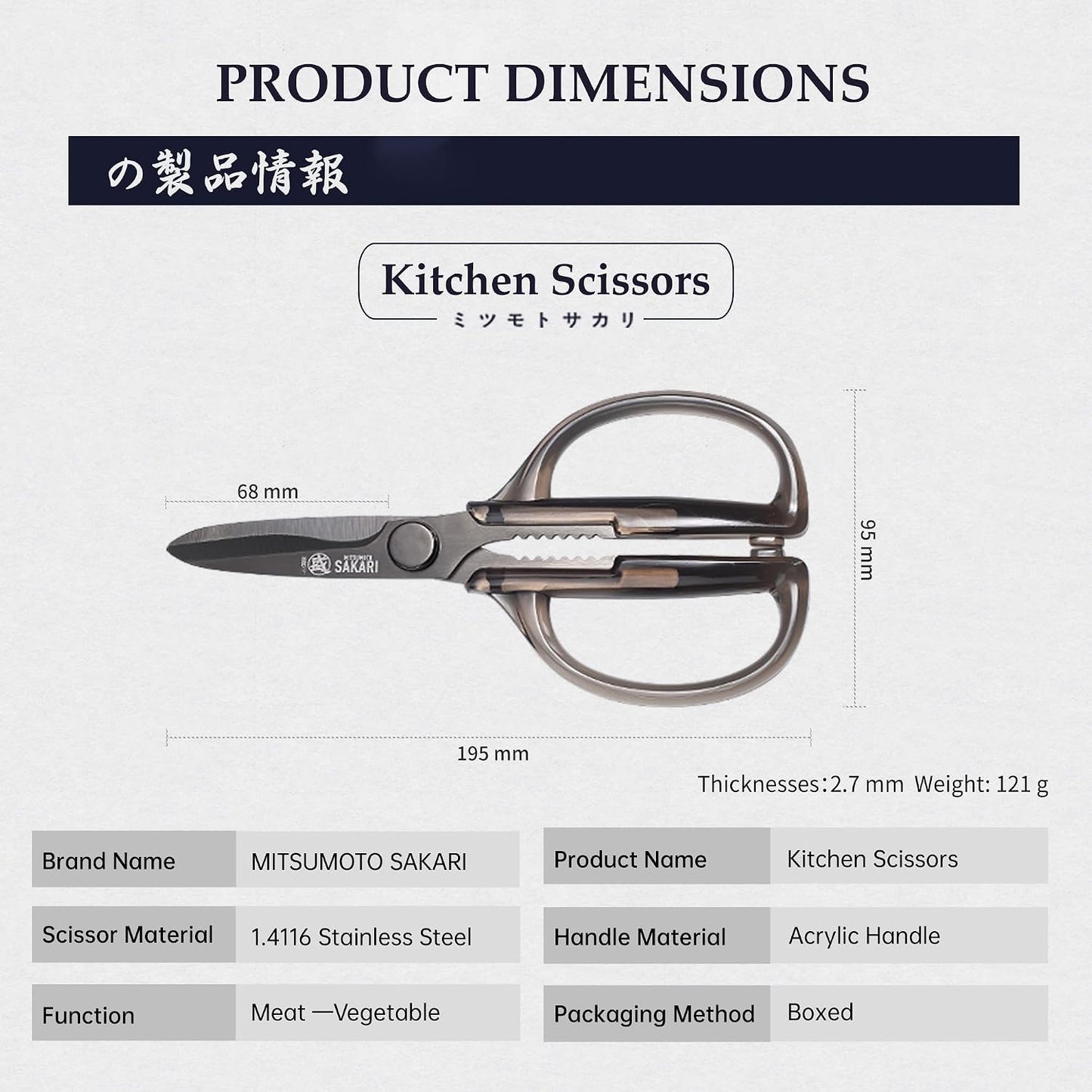 MITSUMOTO SAKARI Detachable Poultry Shears, Kitchen Scissors | Titanium-Plated Serrated Blades, Poultry Joints and Meat Prep, Seafood and Herb Cutting, Non-Slip Handle