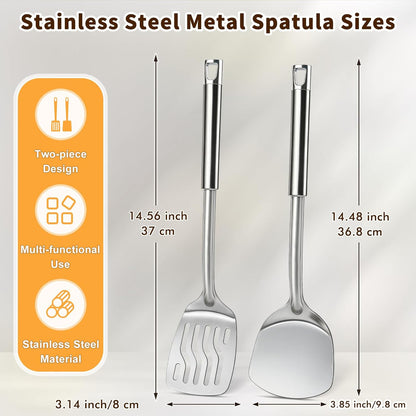 2 Pcs Stainless Steel Spatulas Set, Metal Spatula Solid & Slotted Turner, Heavy Duty Sturdy Spatula for Kitchen Use, High Heat Resistant Cooking Utensils for Fish Eggs Pancakes, Easy to Clean, Silver