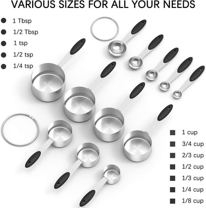 TILUCK Stainless Steel Measuring Cups and Spoons Set with Silicone Handle – Nesting Design for Space-Saving, Heavy Duty & Dishwasher Safe for Dry/Liquid Ingredients, Cooking & Baking (10)