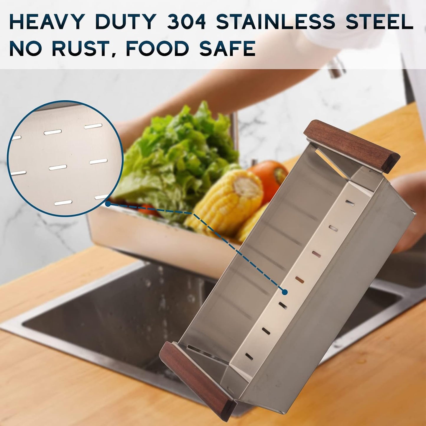 Strictly Sinks Gold Stainless Steel Colander - Premium Quality Over the Sink Colander with Non-Slip Handles, Sink Colander for Kitchen Sink to Rinse Fruits & Vegetables(17-3/8" x 8-1/8" x 4-3/4")