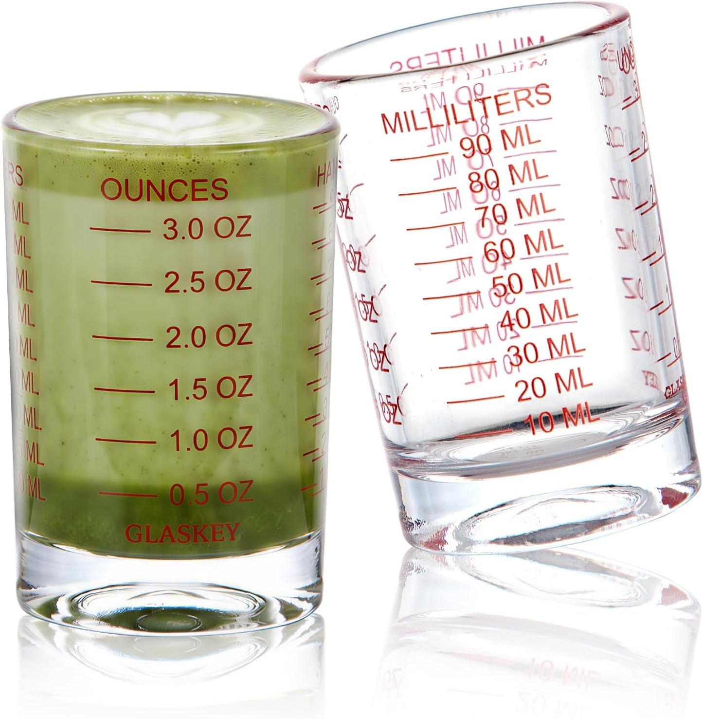 GLASKEY Shot Glasses Measuring Cup Set - 2 Pack Espresso Shot Glasses with Precise Measurement Marks,Heavy Duty Glass,Dishwasher Safe,Perfect for Coffee,Cocktails and Kitchen Use (Black & Red)