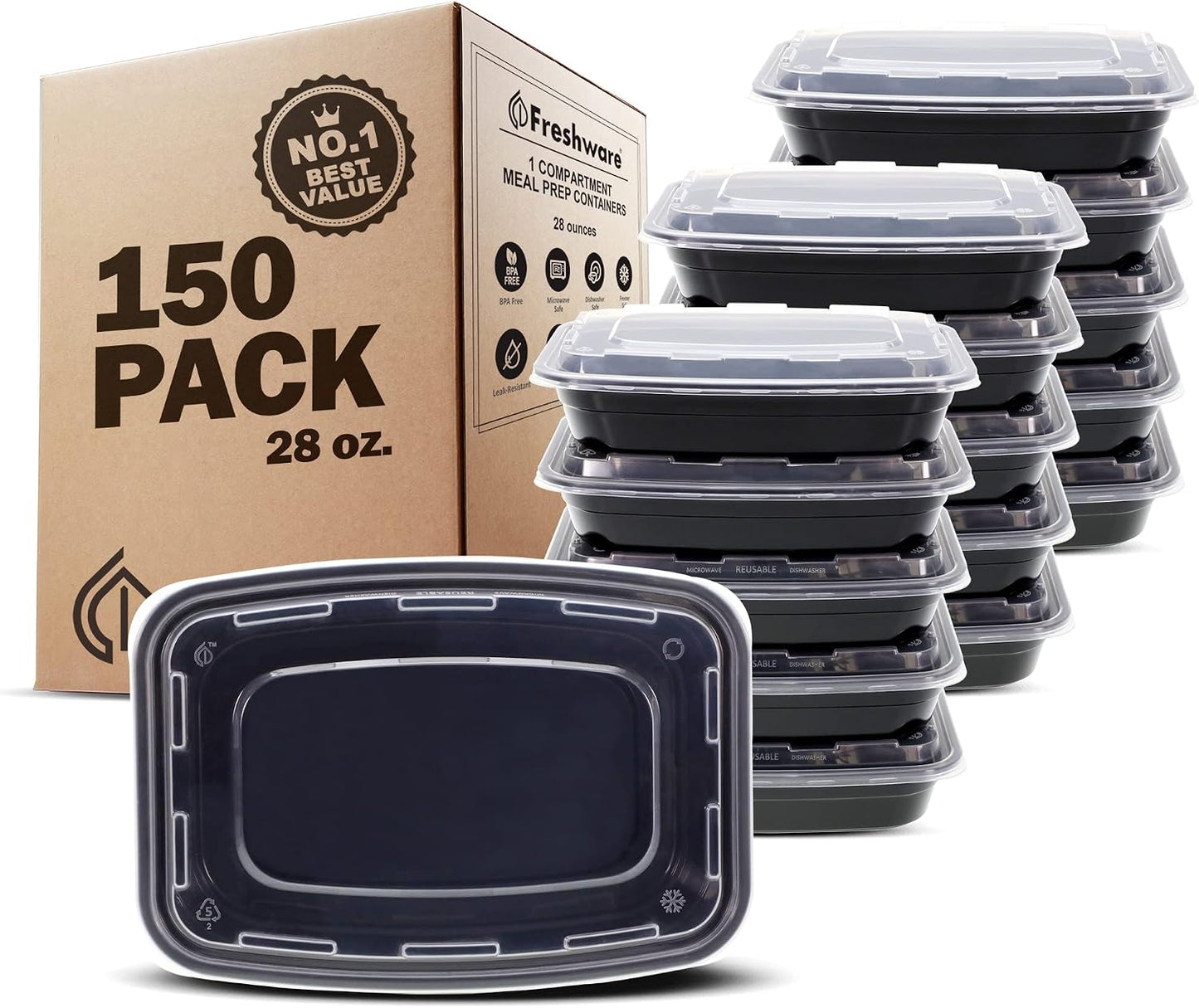 Freshware Meal Prep Containers [15 Pack] 1 Compartment Food Storage Containers with Lids, Bento Box, BPA Free, Stackable, Microwave/Dishwasher/Freezer Safe (28 oz)