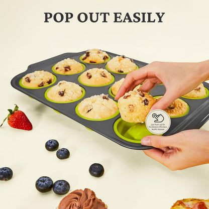 BRONYPRO Silicone Muffin Pans for Baking with Metal Frame, Egg Bite Molds, Cupcake Pans 12 Regular Size, Muffin Tins Easy to Pop Nonstick Non Toxic Bakeware for Oven,Blue