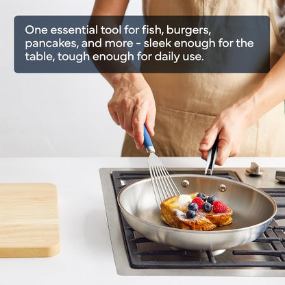 Misen Fish Stainless Steel Spatula - Slotted Turner for Cooking - Perfect for Frying - Heat Resistant - Dishwasher Safe -1mm Thick Flexible Flipper - Soft Silicone Grip Handle for Easy Use