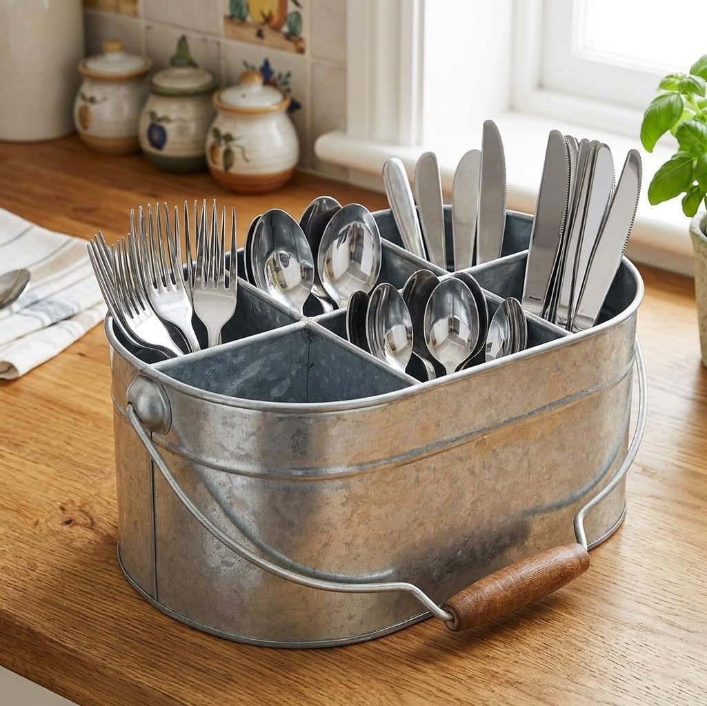 Hosley Galvanized Carry All Kitchen Utensil Caddy Serve Ware 13 Inch Long. Ideal for Floral Arrangements Party Garden Patio. O4